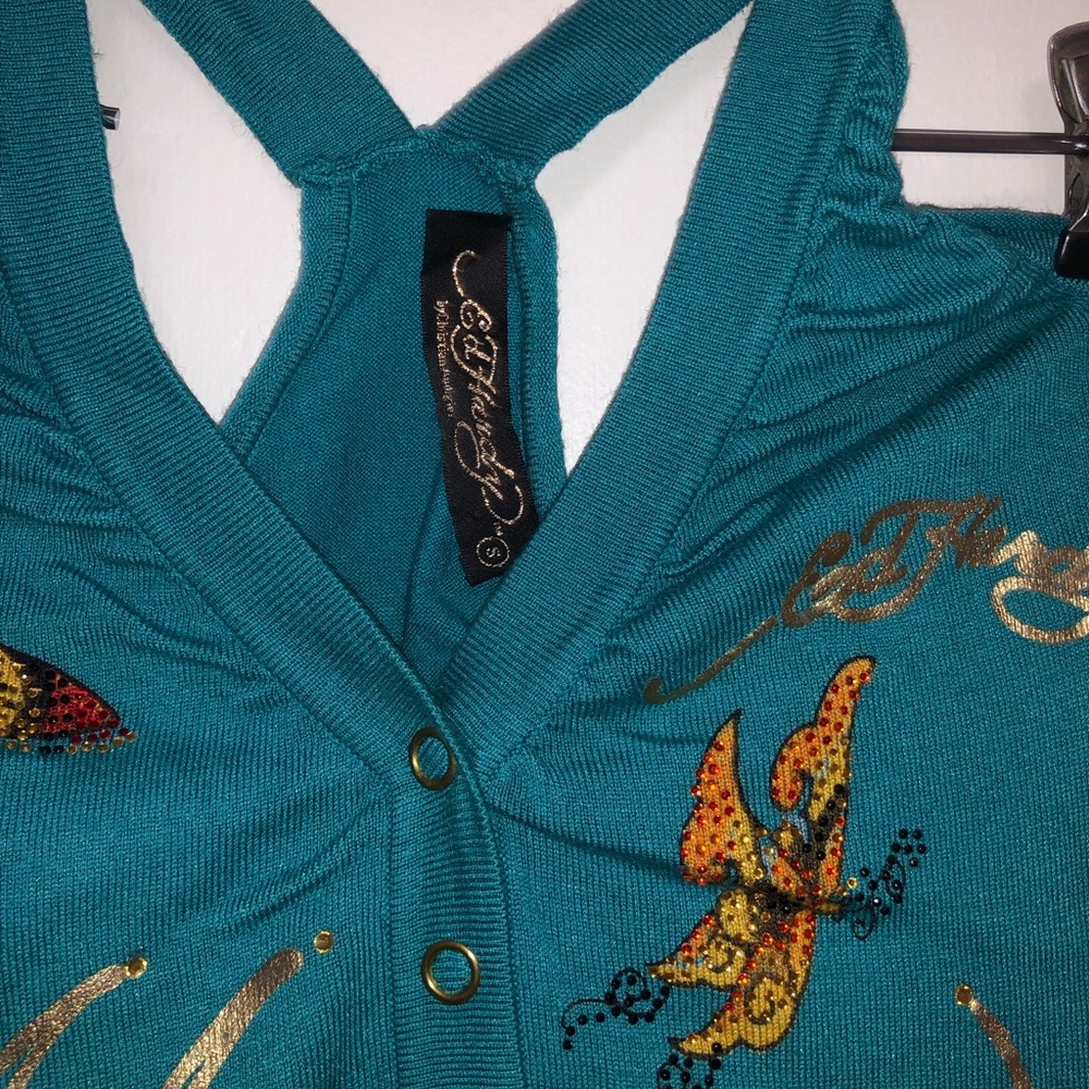 Ed Hardy Phoenix Teal Racer Back Knit Long Tank